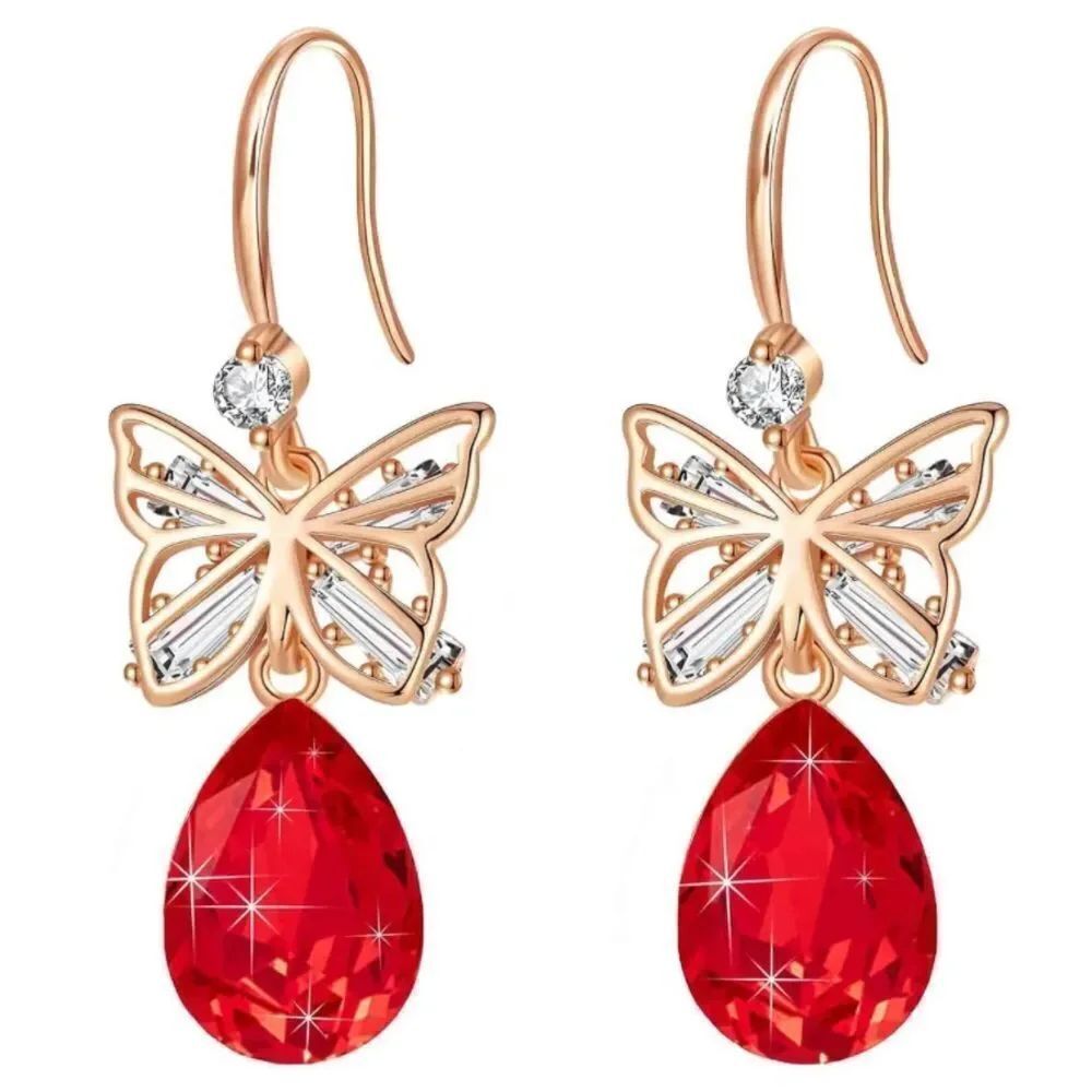 14K Rose Gold with Ruby Red Austrian Crystal Butterfly Teardrop Hook Earrings